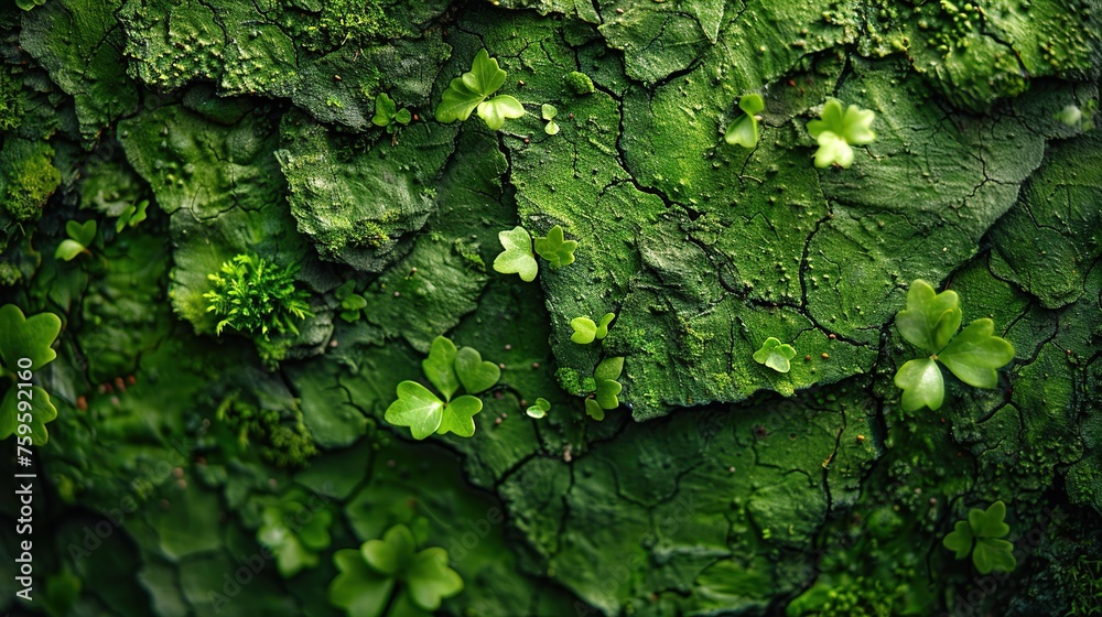 Close-up shot of bark overgrown with green moss - obrazy, fototapety, plakaty 