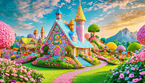 Candyland wonderland fantasy, sweet and magical world, candy house