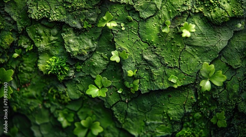 Close-up shot of bark overgrown with green moss photo