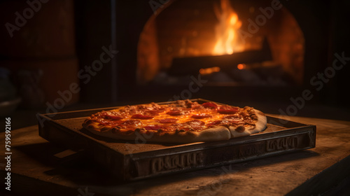 pizza sitting on pizza crate in front of open fire
