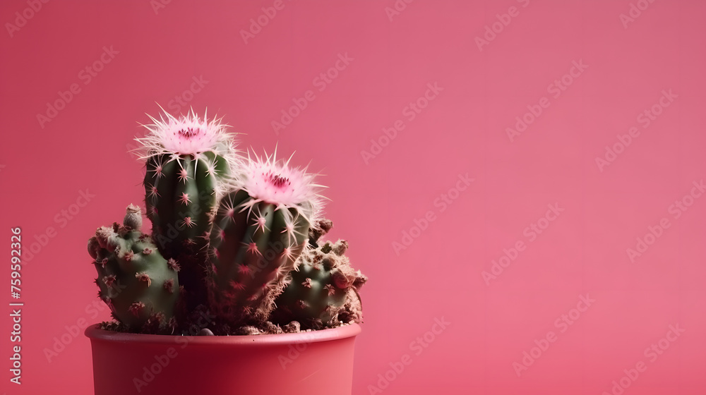 plant cactus on pink background with place for text