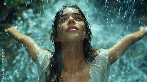 Aerial view of girl standing looking up at the sky with her arms outstretched in the rains fall
