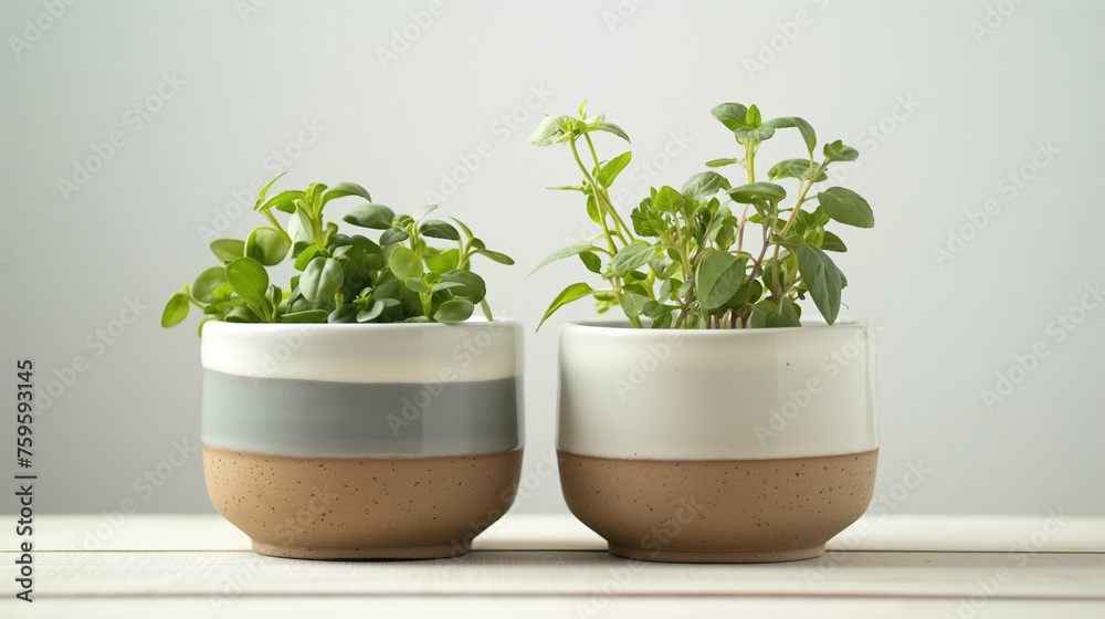 Potted green plants on white shelf. Potted green plants on white shelf.