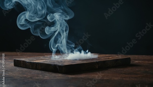 Wooden table with smoke on a dark background. Halloween party concept