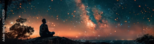 Person Meditating Under Starry Night Sky photo