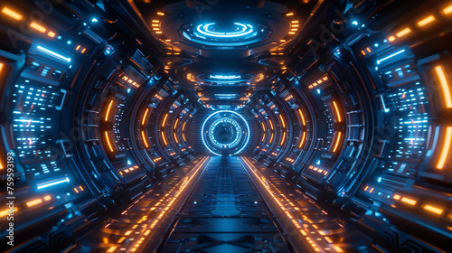 blue and orange neon light style flight. Hi-tech neon sci-fi tunel. Trendy neon glow lines form pattern and construction in mirror tunnel.