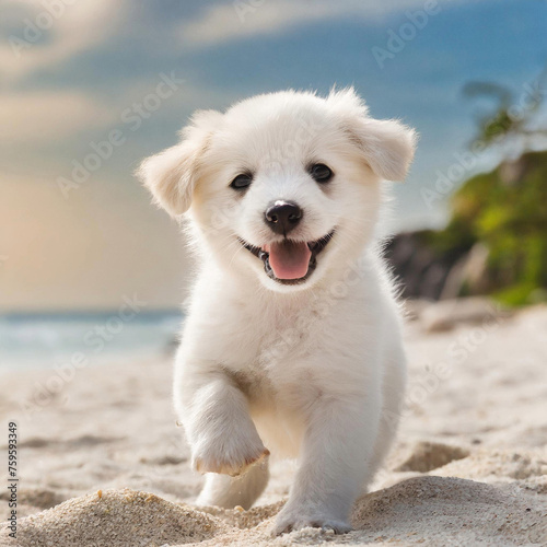 해변가를 뛰어노는 강아지 a dog running around the beach