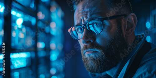 A focused professional in a server room surrounded by equipment illuminated by blue lights, suggesting advanced technology use