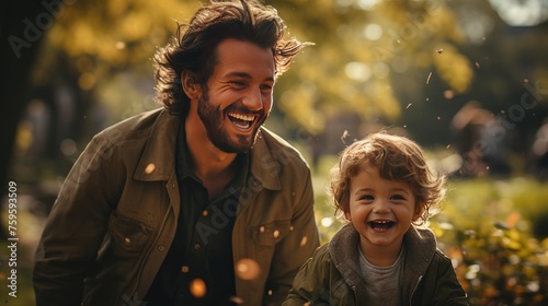 father and son playing in the park in autumn. father's day concept