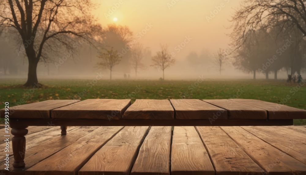 Wooden table on the background of the evening foggy park Wooden table on the background of the evening foggy park