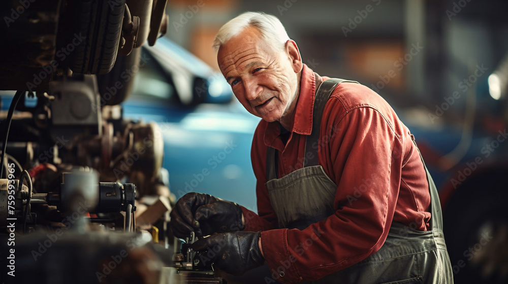 An elderly man repairing a car in an old garage alone. happy and smiling. old man with gray hair. Leisure activities, hobbies after retirement. Lifestyle to relieve loneliness. An elderly man repairing a car in an old garage alone. happy and smiling. old man with gray hair. Leisure activities, hobbies after retirement. Lifestyle to relieve loneliness.