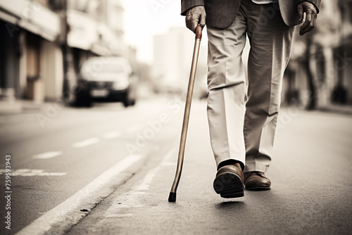An old man or elderly person walks on the road with a cane. Vintage style photos. Copy space. photo