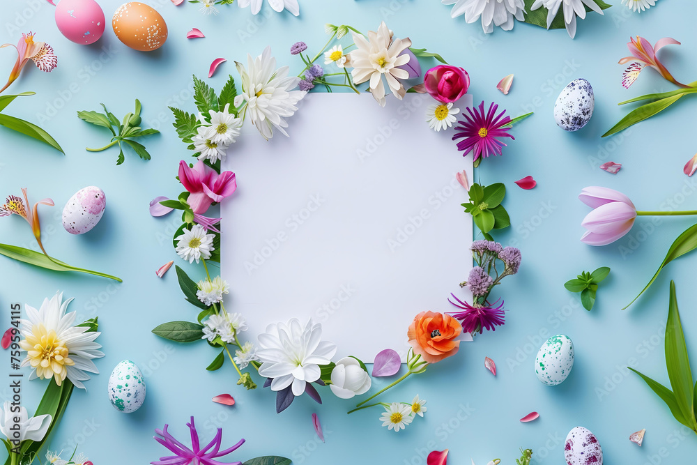 wreath made of various flowers, easter eggs, and leaves on a pastel blue background with white paper in the middle wreath made of various flowers, easter eggs, and leaves on a pastel blue background with white paper in the middle