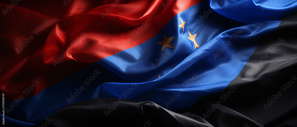 Europe and Russia flags on black background 