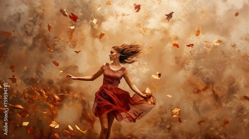 A girl model in a dynamic movement, surrounded by swirling autumn leaves against a rustic brown background.