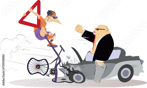 Traffic accident. Bicycle accident. Collisions with car and bisycle.
Angry driver shouts on a cyclist hanging on the road sign after the crash. 
