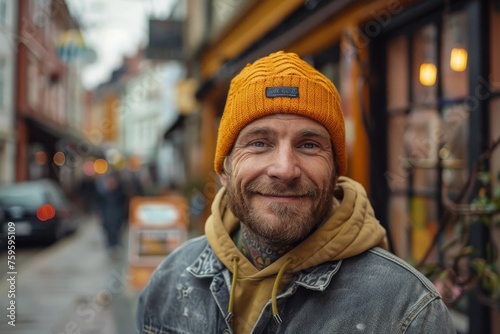 Handsome smiling, happy and pleased stoic man with positive vibes. Portrait of a joyful young man with beautiful hair and fashionable clothes.