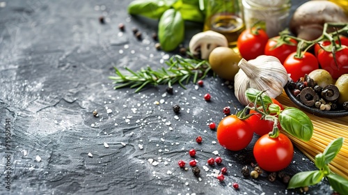 food background  with vine tomatoes  basil  spaghetti  mushrooms  olives  parmesan  olive oil  garlic  peppercorns  rosemary  parsley and thyme. Slate background.