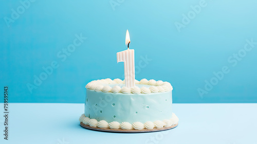 White Cake with candles with the number 1 on pastel blue background