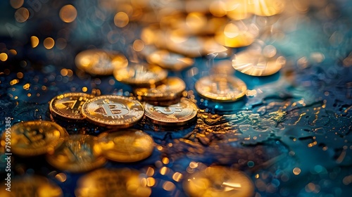 Gold Bitcoin Coins in Water Droplets for Online Shopping or E-commerce Business