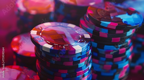 Multicolored Casino Chips in Dynamic Pattern Represent High Stakes and Lucrative Winnings photo