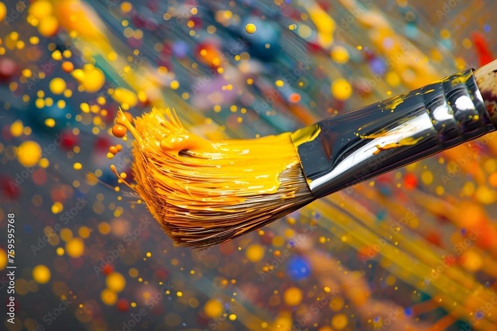 Vibrant Yellow Paintbrush Loaded with Specks of Colorful Paint on Canvas, Symbolizing Artistic Energy and Creativity Vibrant Yellow Paintbrush Loaded with Specks of Colorful Paint on Canvas, Symbolizing Artistic Energy and Creativity