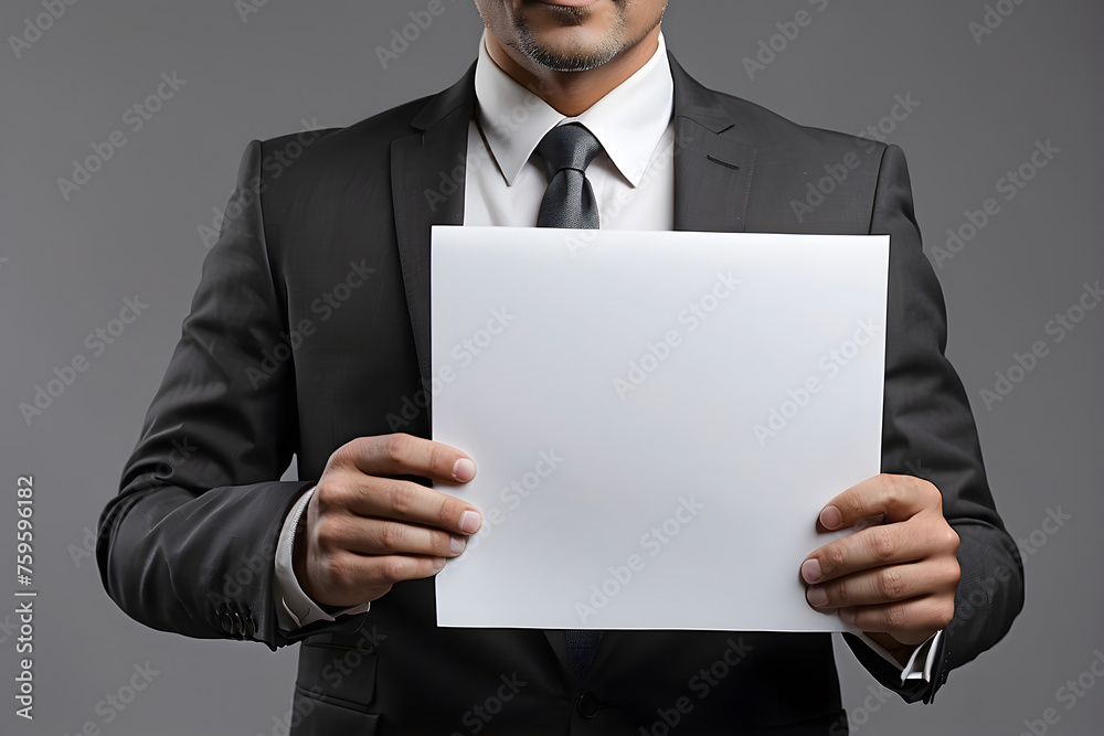 Businessman holding blank paper, empty space for editing and ads. isolated on pastel blue background Businessman holding blank paper, empty space for editing and ads. isolated on pastel blue background