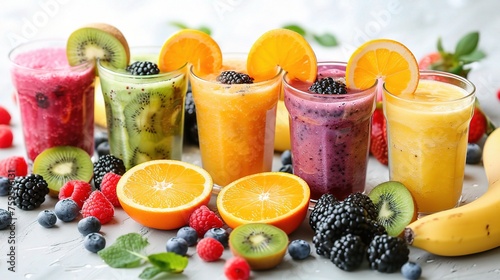 Fruit smoothies with black currant  strawberry  kiwi  orange and banana isolated on white background.