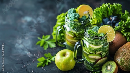 Glass jar mugs with green health smoothie, kale leaves