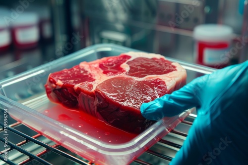Futuro in cui la biotecnologia consentirà la produzione di carne coltivata in laboratorio come alternativa sostenibile alla produzione di carne tradizionale photo