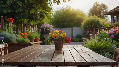 Flowers in the garden, Flowers on a table, Flowers in the mountains, Empty wood table top on blur abstract green from the garden. For the montage product display, a wooden table with a garden