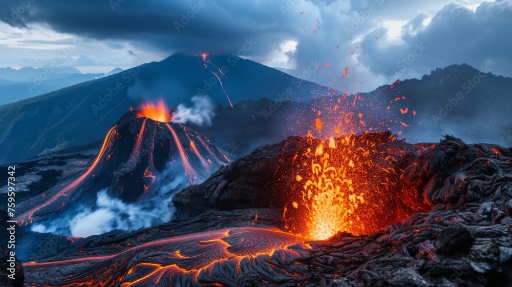 The sun sets behind a majestic volcanic eruption, illuminating the flowing lava and ash plume against a dramatic sky, encapsulating the untamed power of nature.