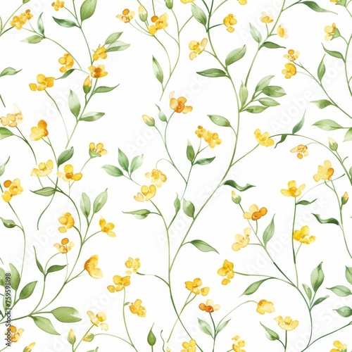 An elegant seamless pattern with golden yellow blossoms entwined with fresh green foliage  depicted in a delicate watercolor style for a tranquil vibe.