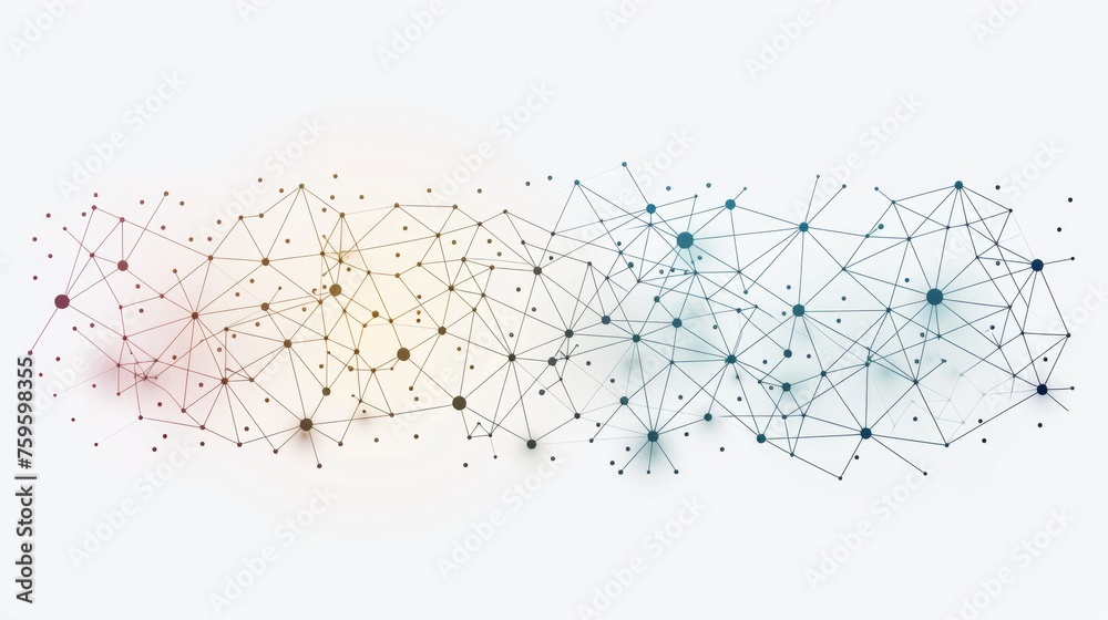 This image depicts a complex network of interconnected nodes and lines, gradually shifting in color from warm to cool tones, representing a seamless blend of data, science, and art.