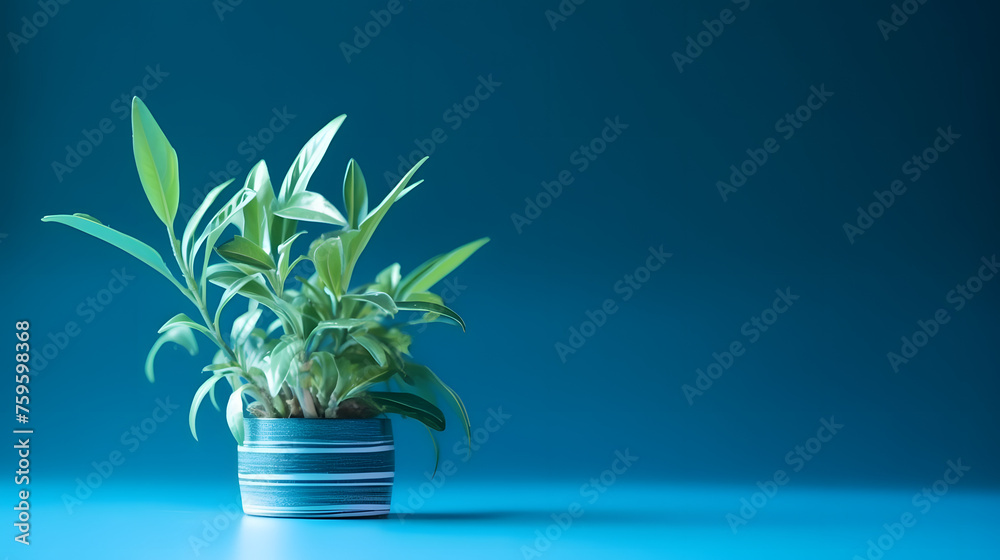 plant on blue background with place for text - obrazy, fototapety, plakaty 