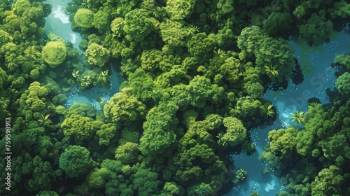 Aerial view of a dense, lush forest canopy in varying shades of green with a winding river, highlighting the beauty of untouched nature. © Oksana Smyshliaeva