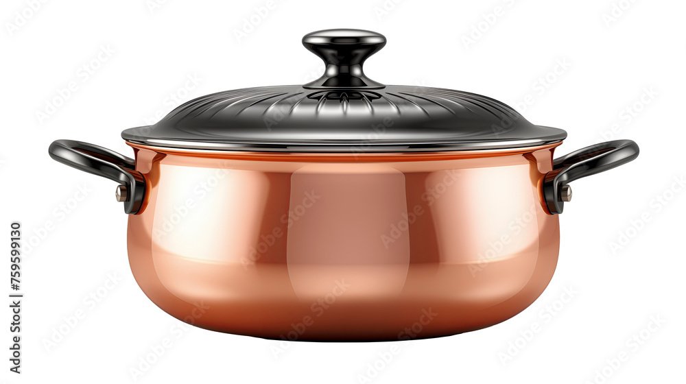 A copper kitchen casserole pot with lid isolated on white