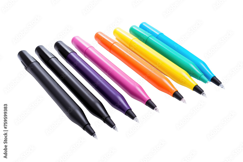 Five Different Colored Pens Lined Up in a Row. on a White or Clear Surface PNG Transparent Background. Five Different Colored Pens Lined Up in a Row. on a White or Clear Surface PNG Transparent Background.