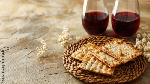 A close-up of a Jewish Matzah bread and wine in a Kiddush cup, symbolizing the Passover holiday concept and the rich tradition of Jewish celebration and religious observance photo