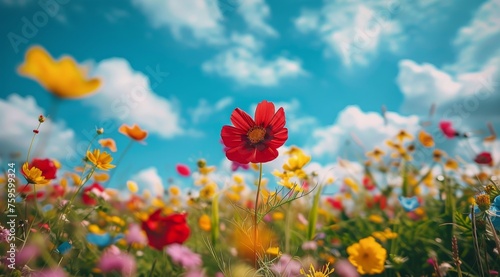 Bursting Field of Colorful Flowers Under Blue Sky