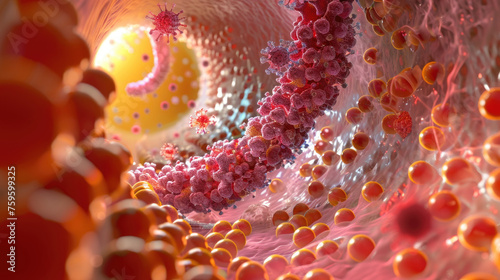 A digital representation of various cells and particles flowing through the interior of a human artery photo