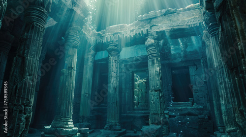 The underwater view shows a building with columns, partially submerged in water. The architectural structure remains intact underwater, creating a unique sight photo