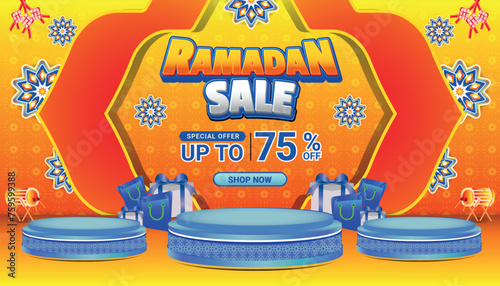 Banner Ramadan mubarak sale orange blue 3d text editable social media background 4
