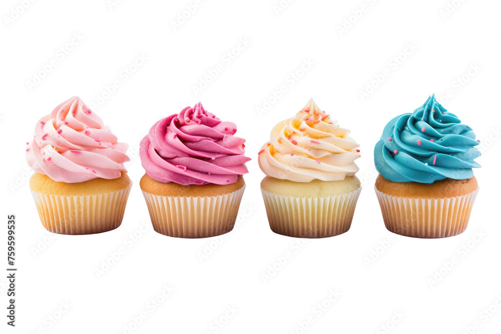 Row of Cupcakes With Different Colored Frosting. on a White or Clear Surface PNG Transparent Background. Row of Cupcakes With Different Colored Frosting. on a White or Clear Surface PNG Transparent Background.