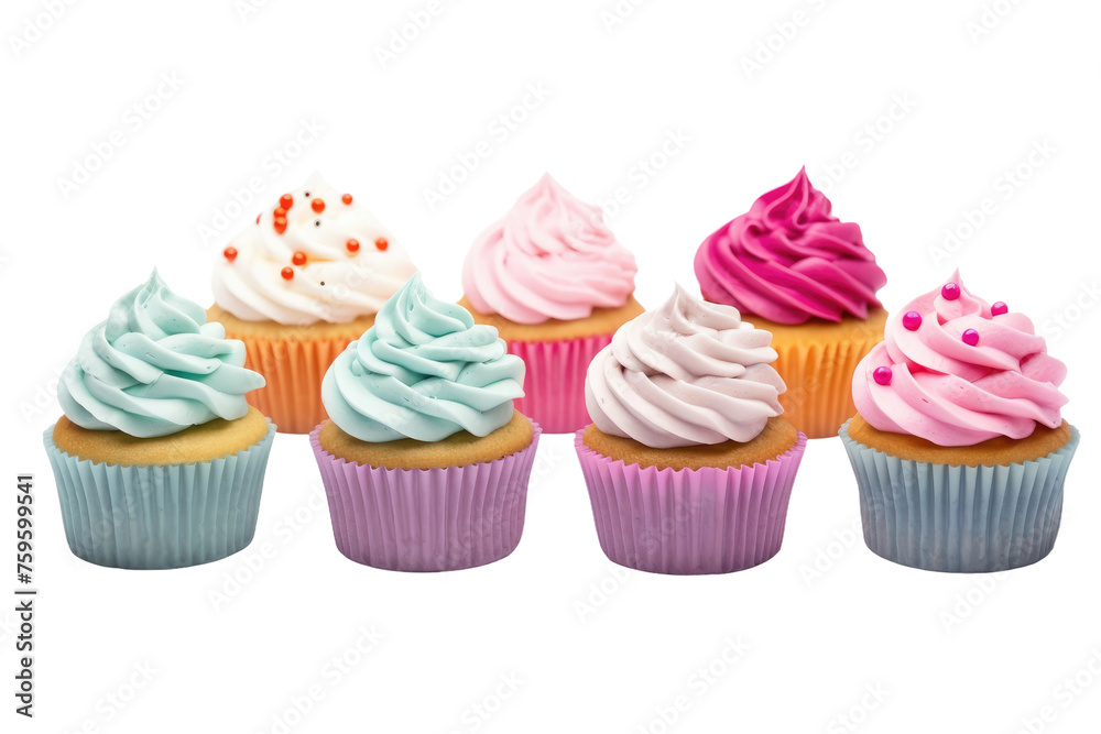 Group of Cupcakes With Various Colored Frosting. on a White or Clear Surface PNG Transparent Background.