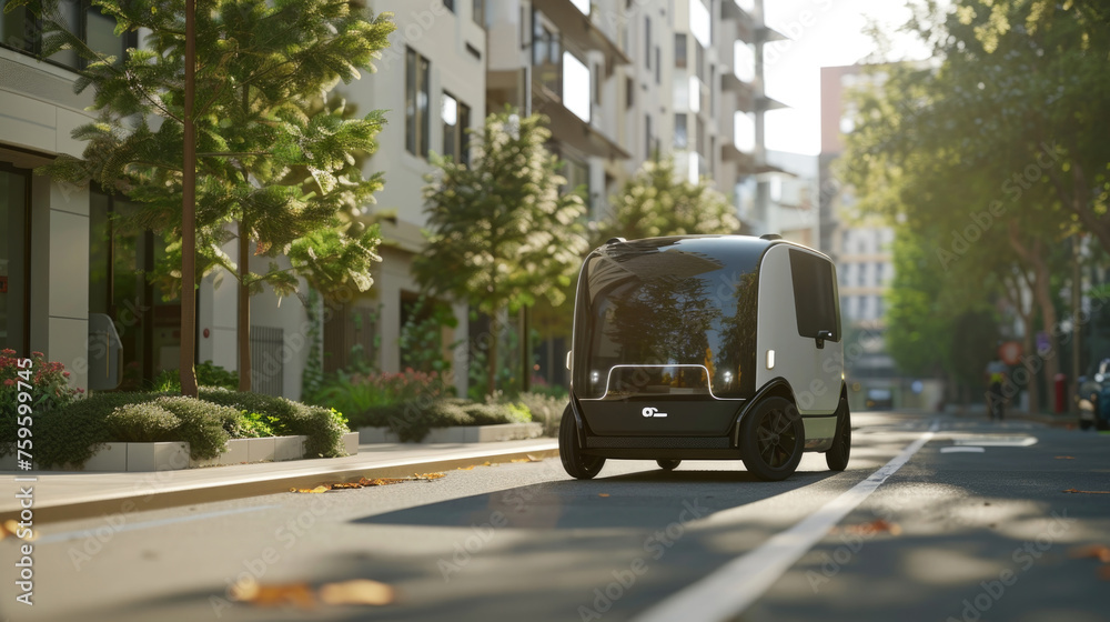 Futuristic driverless delivery pod moves along a tree-lined road between modern buildings, with sunlight casting shadows on the pavement