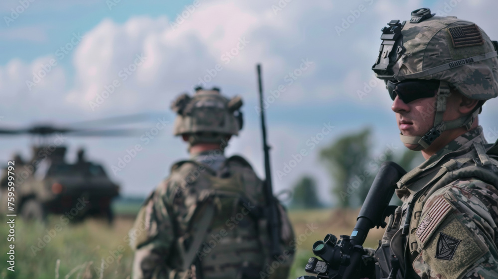 Soldiers stand vigilant in a field, helicopter in the background under a cloudy sky.
