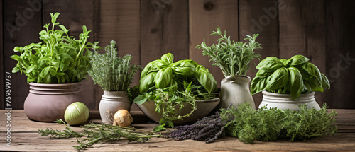 Fresh herbs. Melissa rosemary and mint in rustic setti