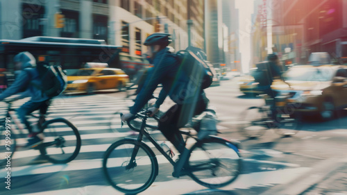 Dynamic blur captures urban cyclists racing through bustling city streets at golden hour.