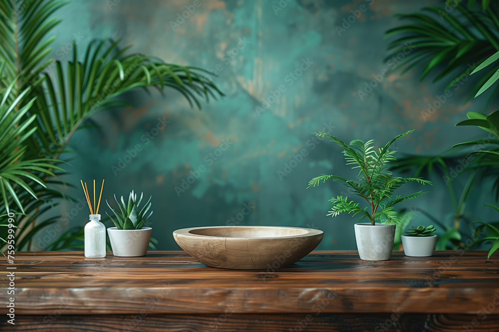 A minimalist still life scene with a wooden bowl and potted plants on a table, against a textured teal wall with tropical vibes. A minimalist still life scene with a wooden bowl and potted plants on a table, against a textured teal wall with tropical vibes.